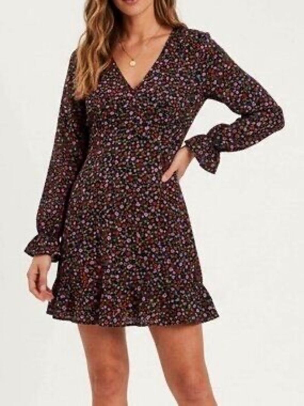Zara Ditsy Floral V-Neck Ruffle Mini Dress long sleeve black purple orange